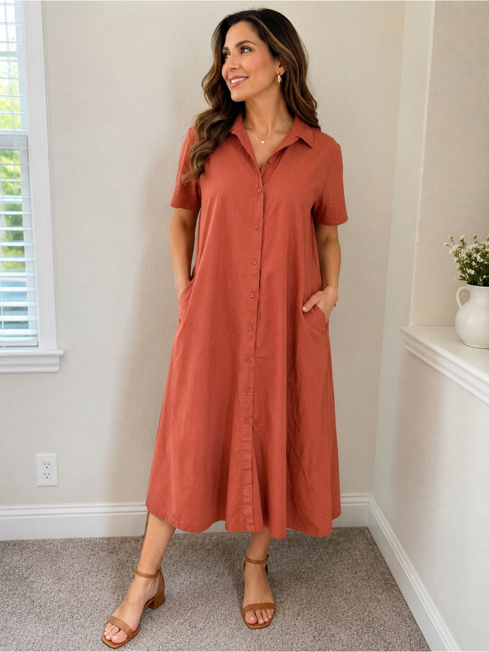 Banana Republic Cotton Button-Front Collared Midi Shirt Dress